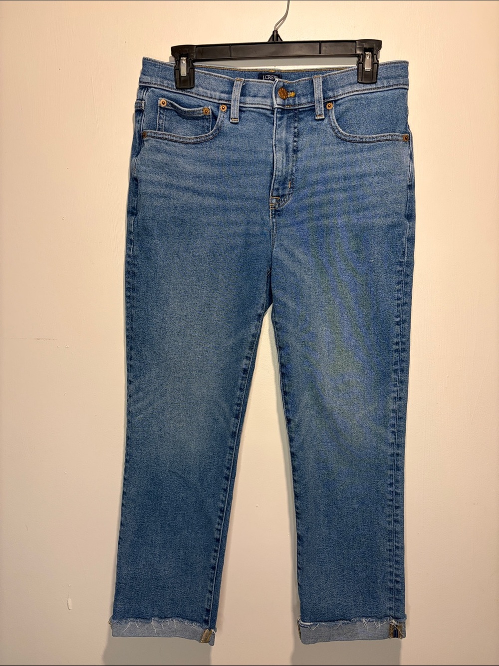 J.Crew Essential Straight Jean Medium Wash High Rise Denim Crop Raw Hem SZ 28